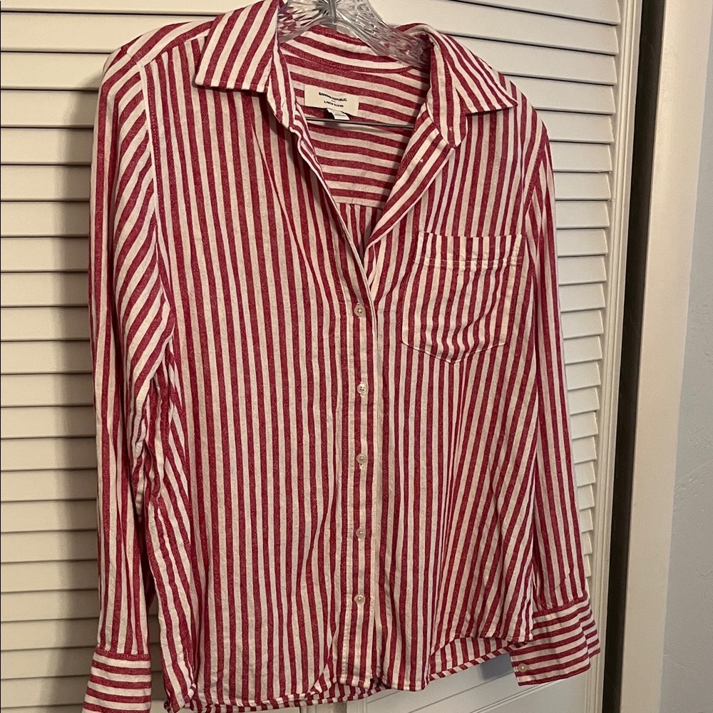 Banana Republic Factory Pink and White Striped Linen Blend Shirt SZ S